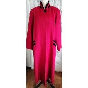 VTG Red Wool Blend Coat Black Velvet Trim Floor Long Women L? Made in USA